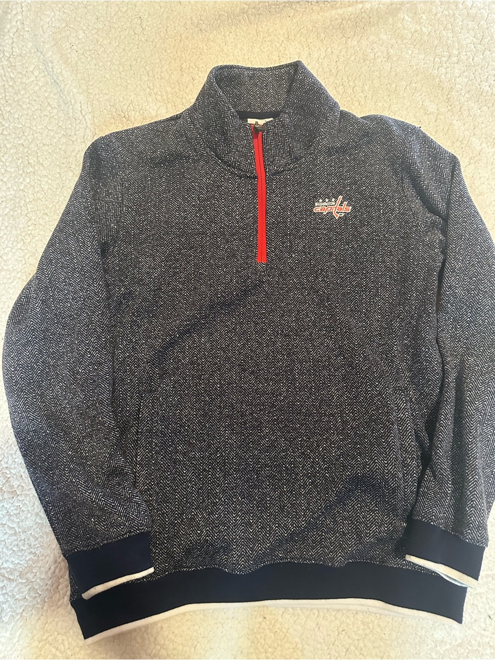 Woman’s Grey Herringbone Quarter-Zip Sweater with Red Zip